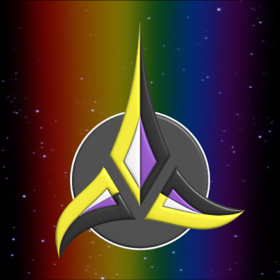 A Klingon emblem in nonbinary pride colours.